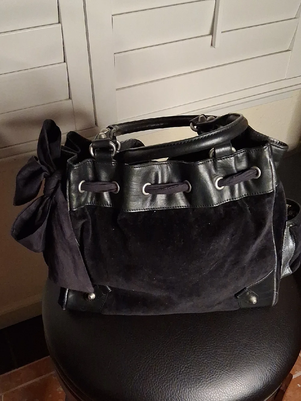🖤💎Vintage Juicy Couture Black Leather Hobo Handbag W/Clear Gems RARE! Sz M